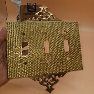 Vintage Brass Triple Toggle Light Switch Cover Plate Hammered Filigree Decor